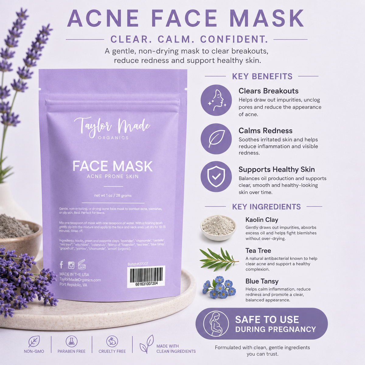 Acne Face Mask Key Ingredients | Taylor Made Organics