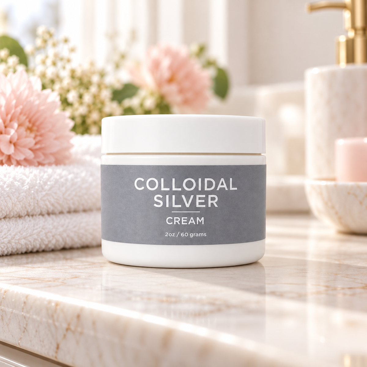 Taylor Made Organics Colloidal Silver Cream made with 150pm sitting on a bathroom counter with a towel and fresh flowers. Made in the USA
