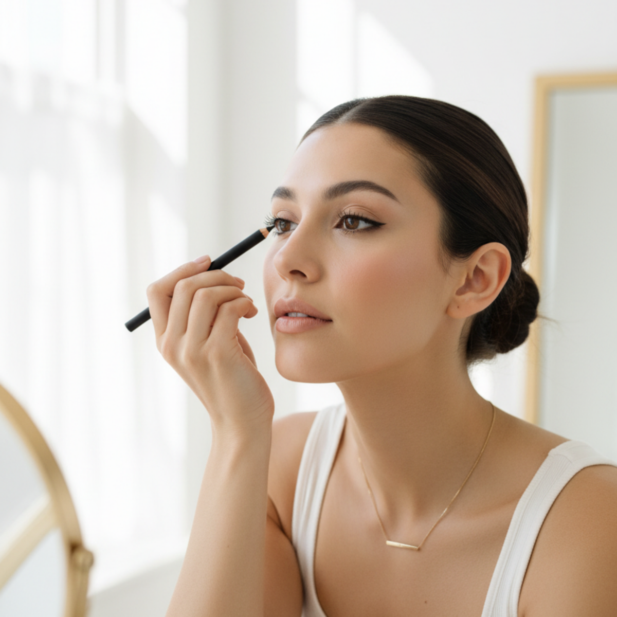 Woman applying organic, toxin-free black eyeliner | Taylor Made Organics