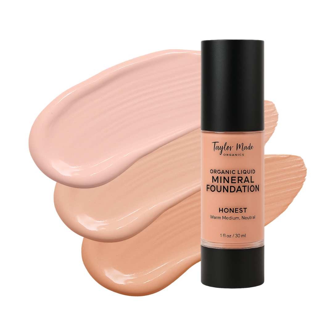 Taylor Made Cosmetics organic liquid mineral foundation bottle with swatches