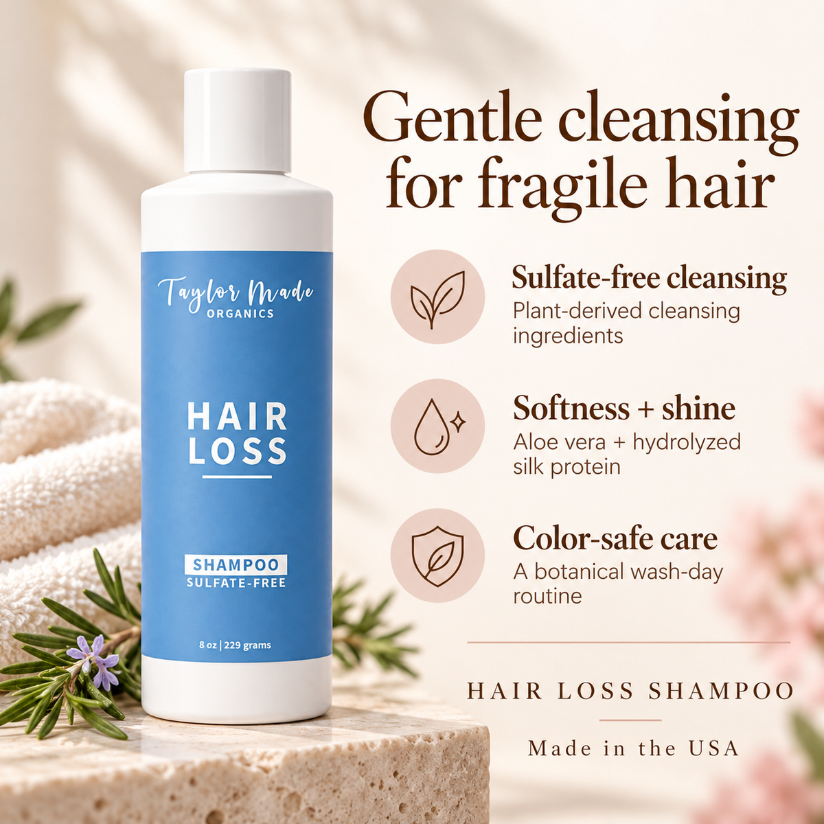Three Benefits of Taylor Made Organics Hair Loss Shampoo | sulfate-free made with botanicals and essential oils.