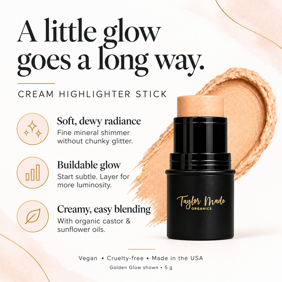 Cream Highlighter made with toxin-free ingredients Key Benefits Infograph | Taylor Made Organics
