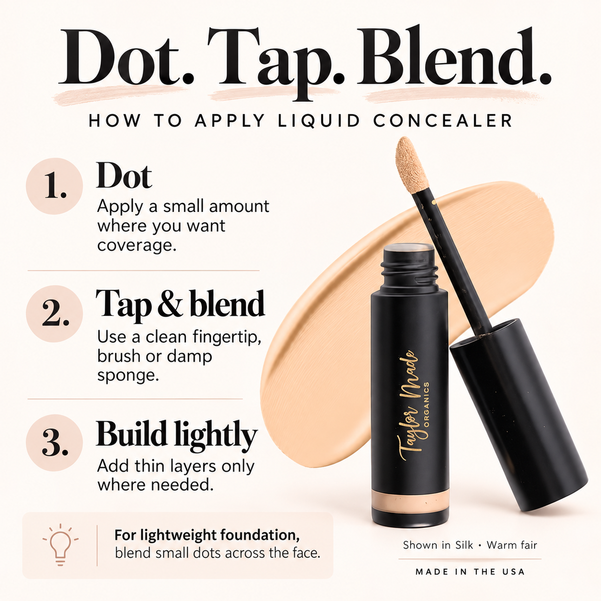 Instructional graphic for Taylor Made Organics Liquid Concealer Dot. Tap.