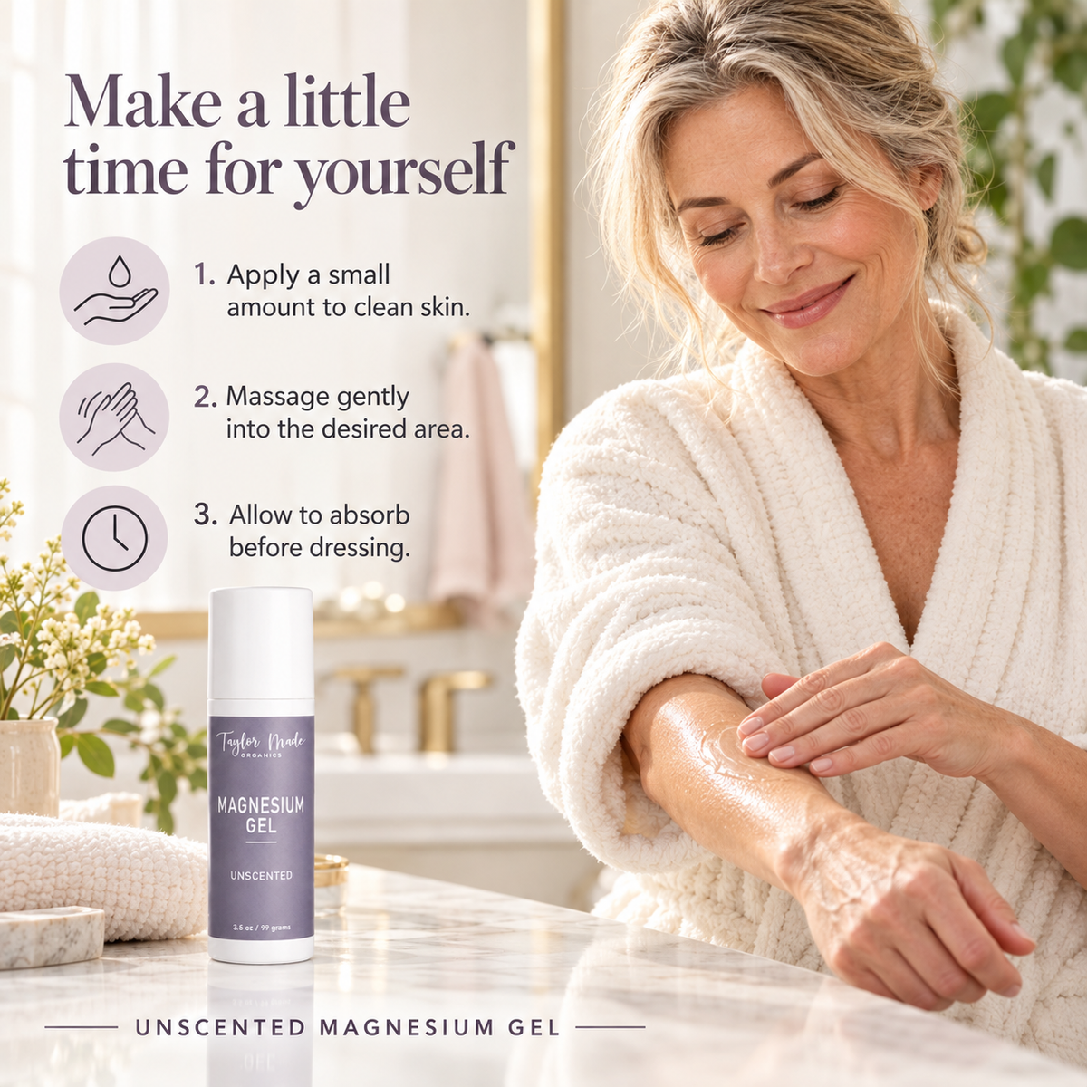 How to use Taylor Made Organics Magnesium Gel. Use on shoulders, back, legs or areas where you have discomfort. Made in the USA