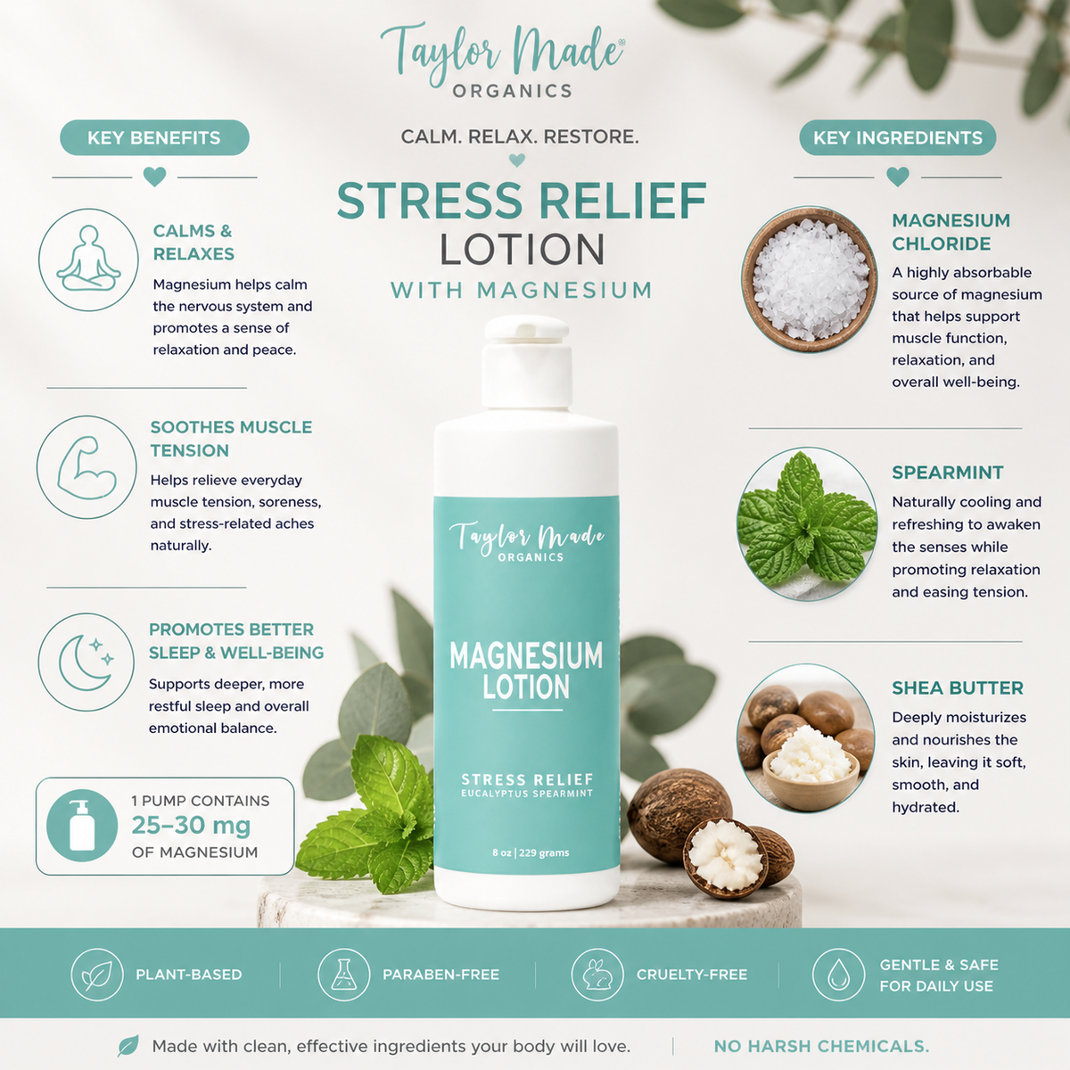 Magnesium Organic Lotion Stress Relief Key Benefits | Taylor Made Organics