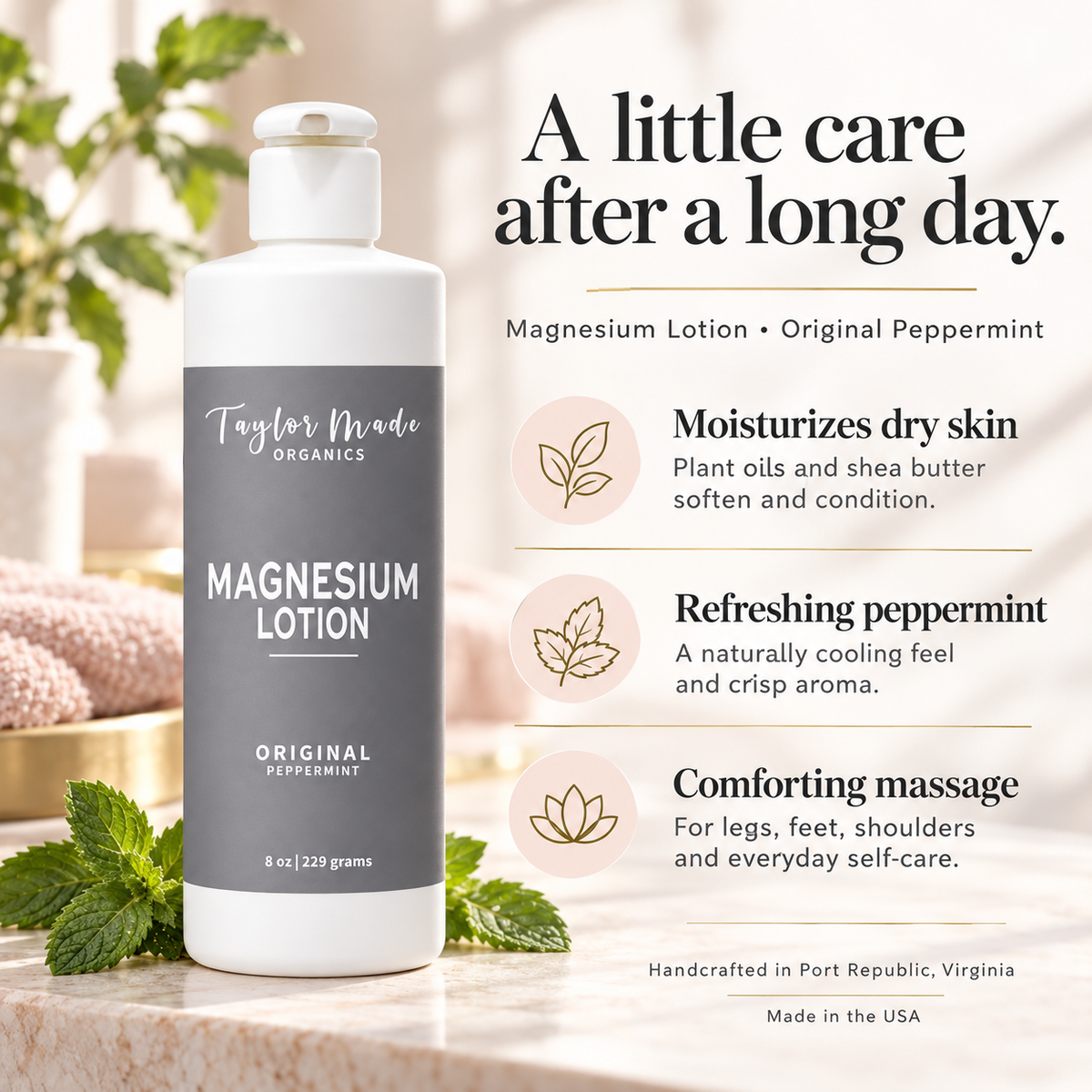 Peppermint Magnesium Lotion contains 25-30mg of Magnesium per pump | Taylor Made Organics