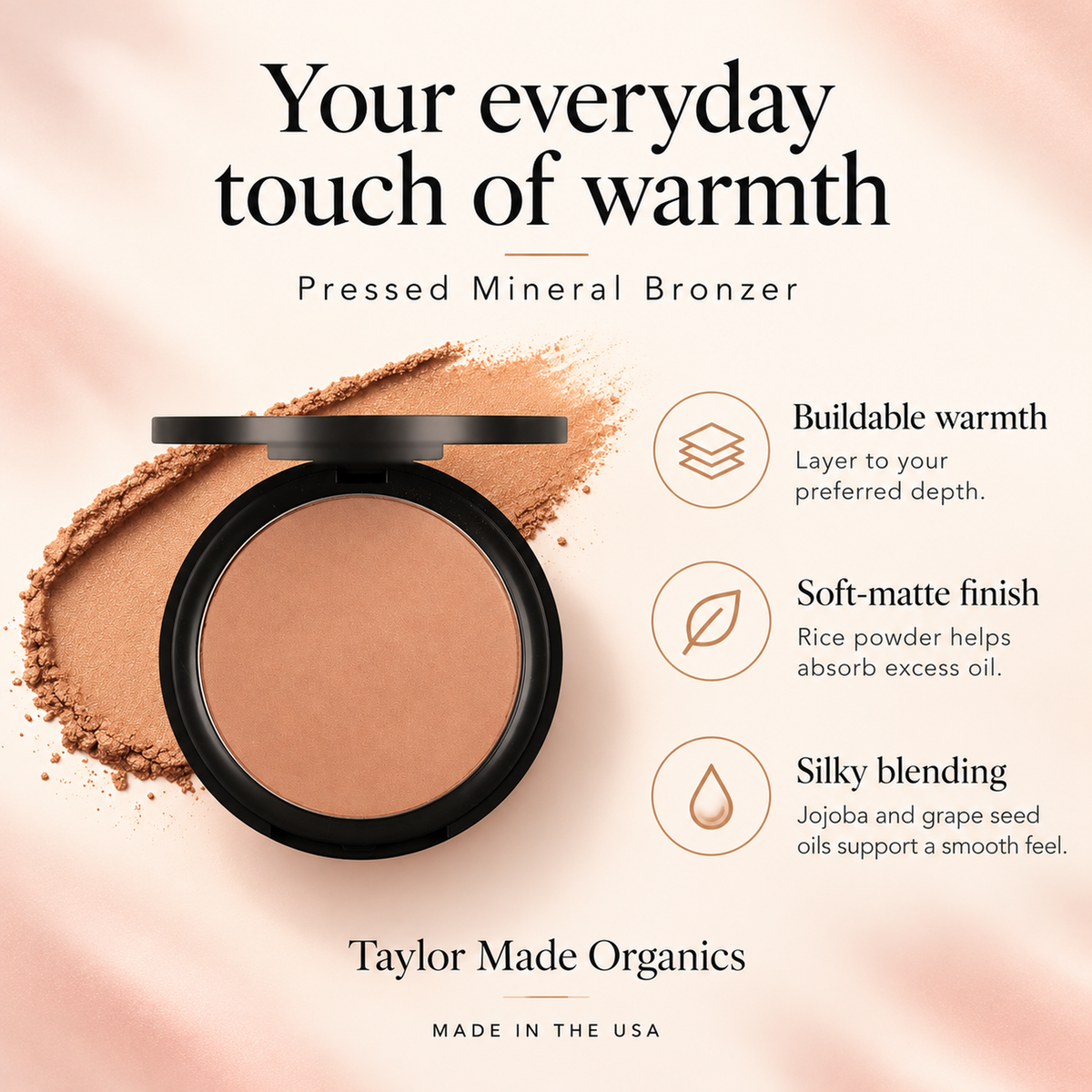 Pressed Mineral Bronzer made with toxin-free ingredients key benefits | Taylor Made Organics