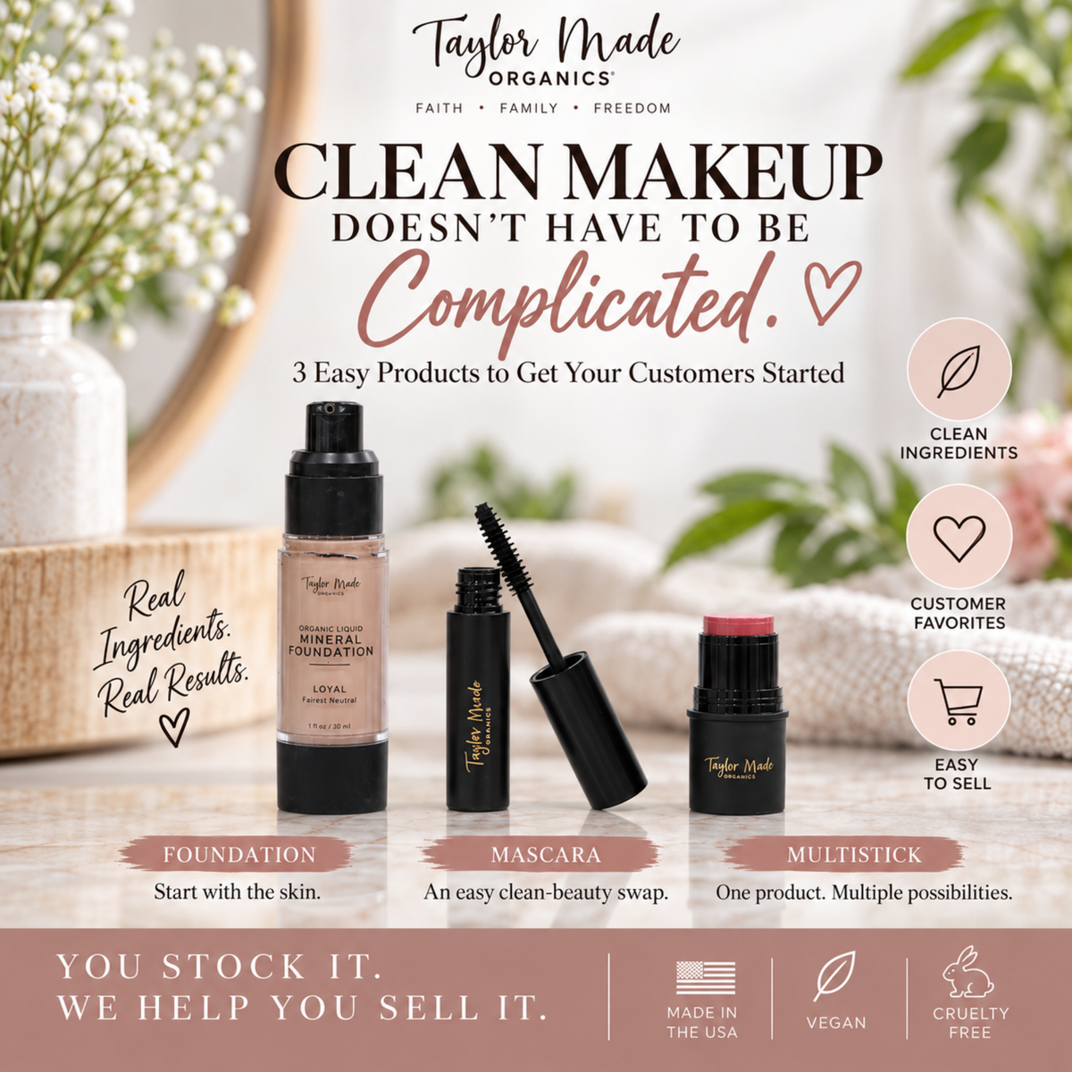 Clean Makeup Bundle with liquid mineral foundation, mascara, and multistick. Taylor Made Organics