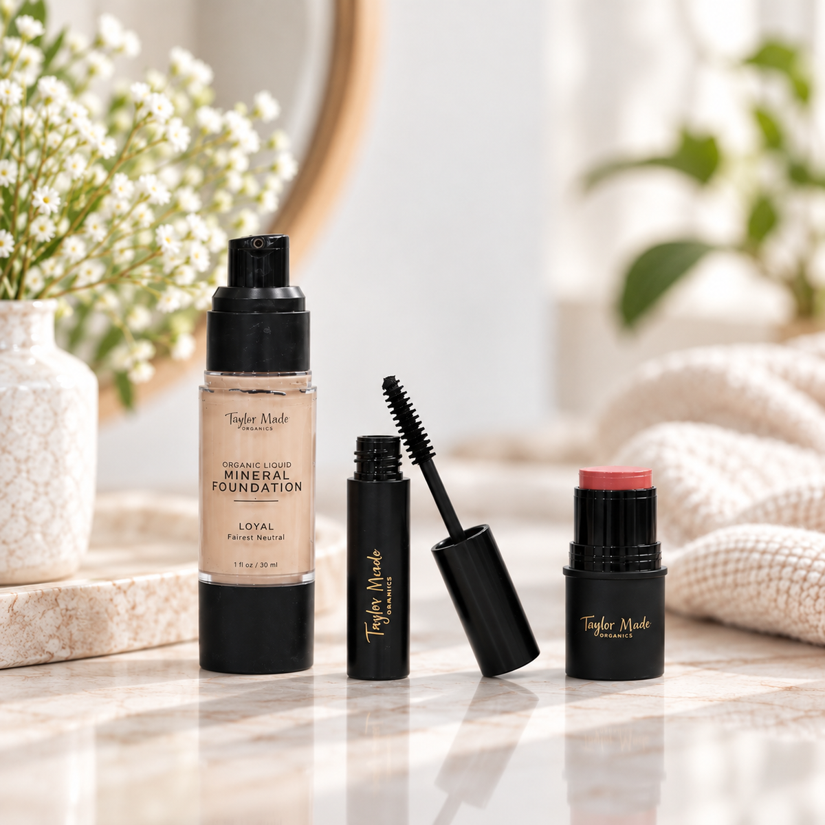 Clean Makeup Bundle with a Liquid Mineral Foundation, Mascara, and Multistick. Save 10% | Taylor Made Organics