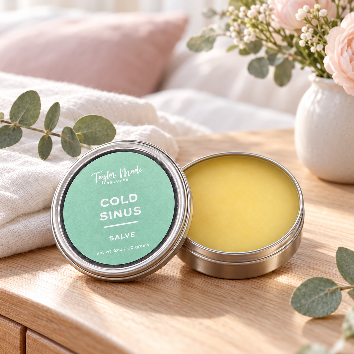 Taylor Made Organics Cold & Sinus Salve formulated by a Naturopathic Doctor. Safe for infants and children. Camphor-free. Made in the USA.