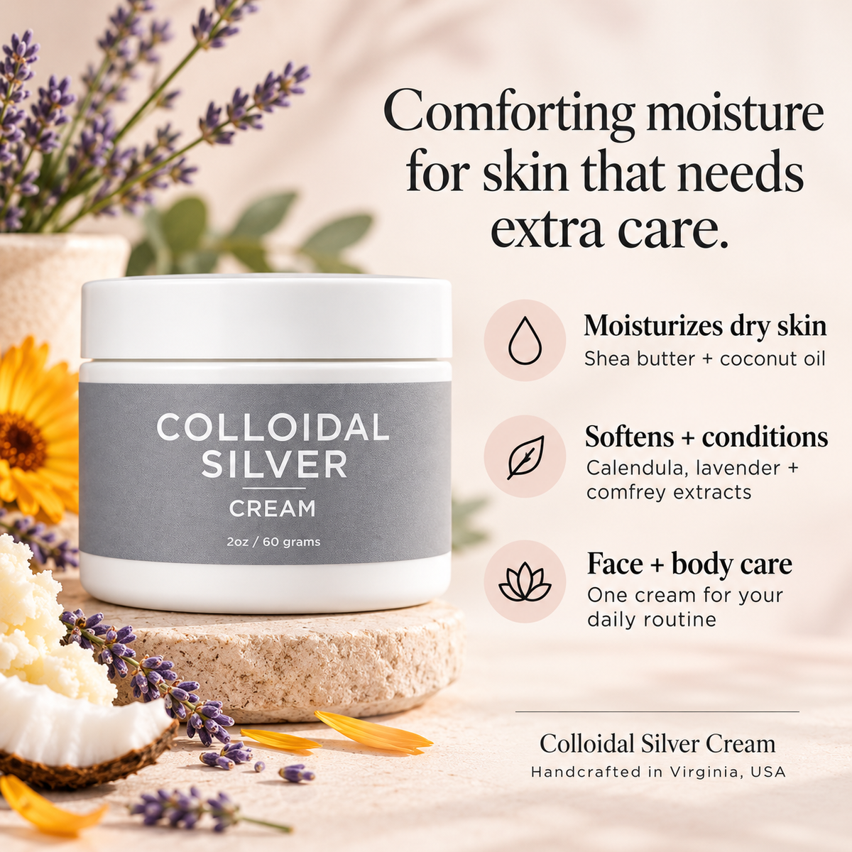 Three Benefits of Taylor Made Organics Colloidal Silver Cream made with shea butter and 150ppm silver. Made in the USA.