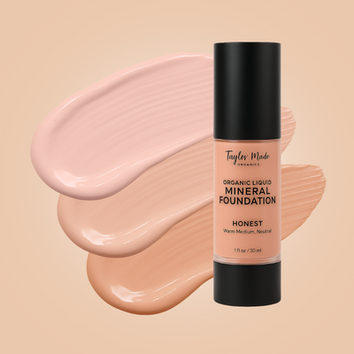 Taylor Made Cosmetics organic liquid mineral foundation bottle with swatches