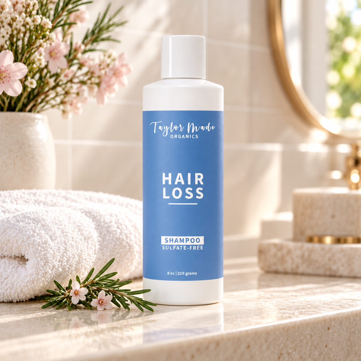 Taylor Made Organics Hair Loss Shampoo sitting on a bathroom granite countertop with a towel and fresh flowers.
