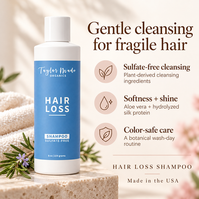 Three Benefits of Taylor Made Organics Hair Loss Shampoo | sulfate-free made with botanicals and essential oils. 