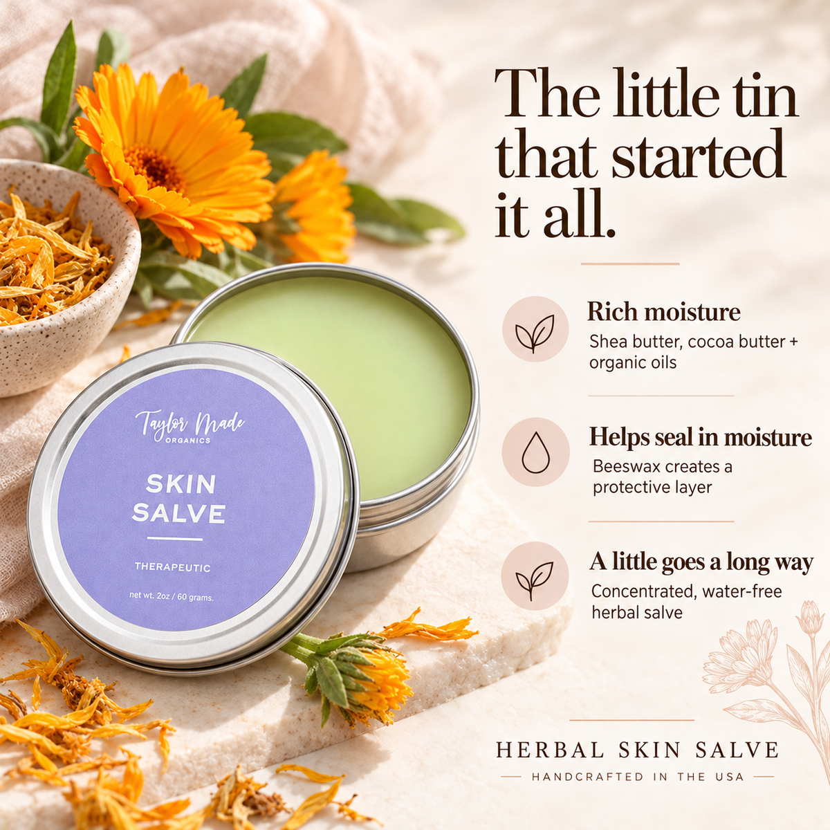 Three Key Benefits of Taylor Made Organics Skin Salve that can be used as an A-Z salve. Formulated by a Naturopath and Made in the USA.