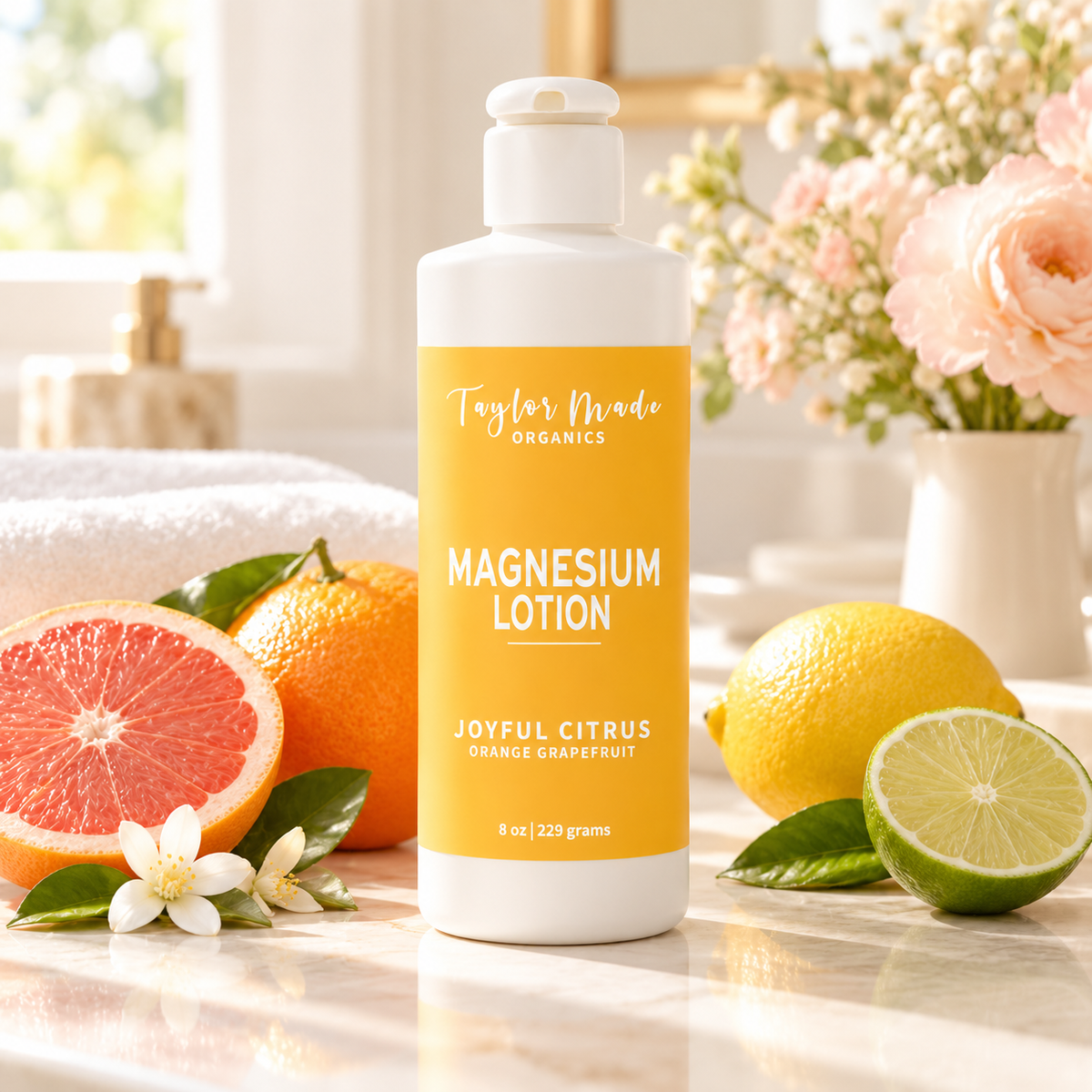 Taylor Made Organics Joyful Citrus Lotion with Magnesium sitting on a kitchen counter surrounded by fresh fruits. 