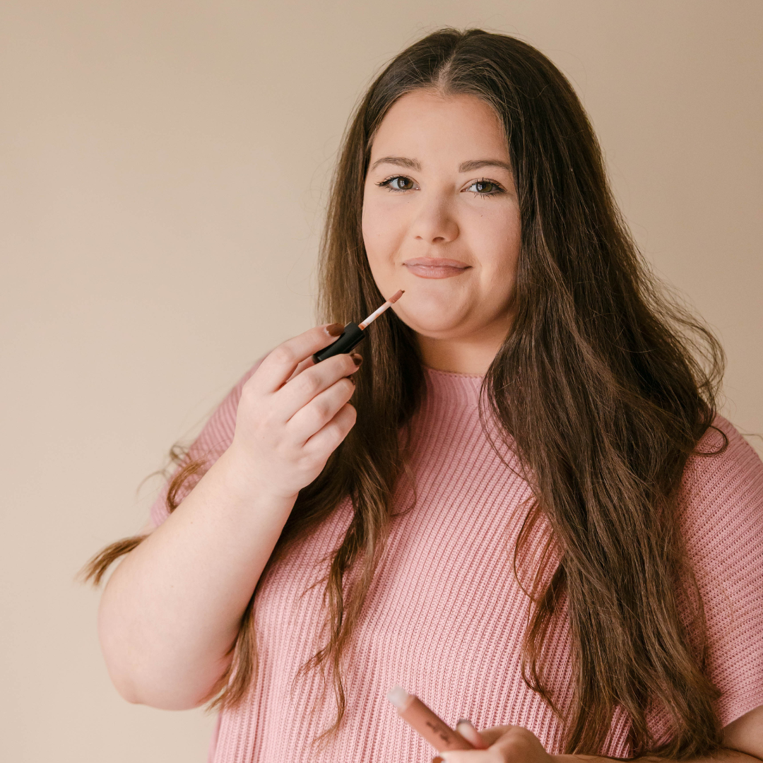 Catie wearing Lip Gloss Shade Worthy | Taylor Made Organics