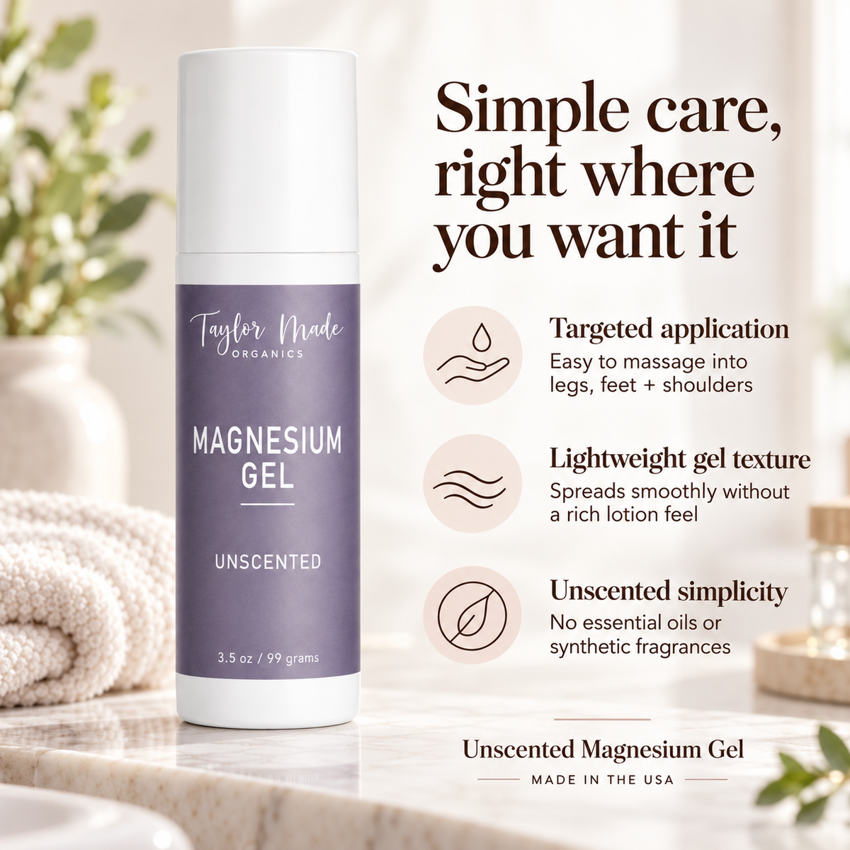 Three Key Benefits of Taylor Made Organics Magnesium Gel. Made in the USA with toxin-free ingredients. 