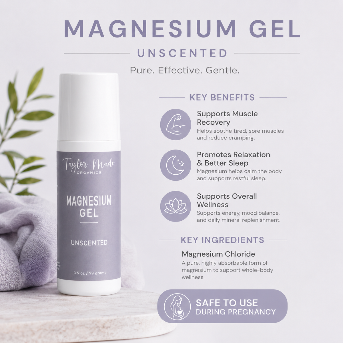 Magnesium Gel unscented Key benefits and ingredients | Taylor Made Organics