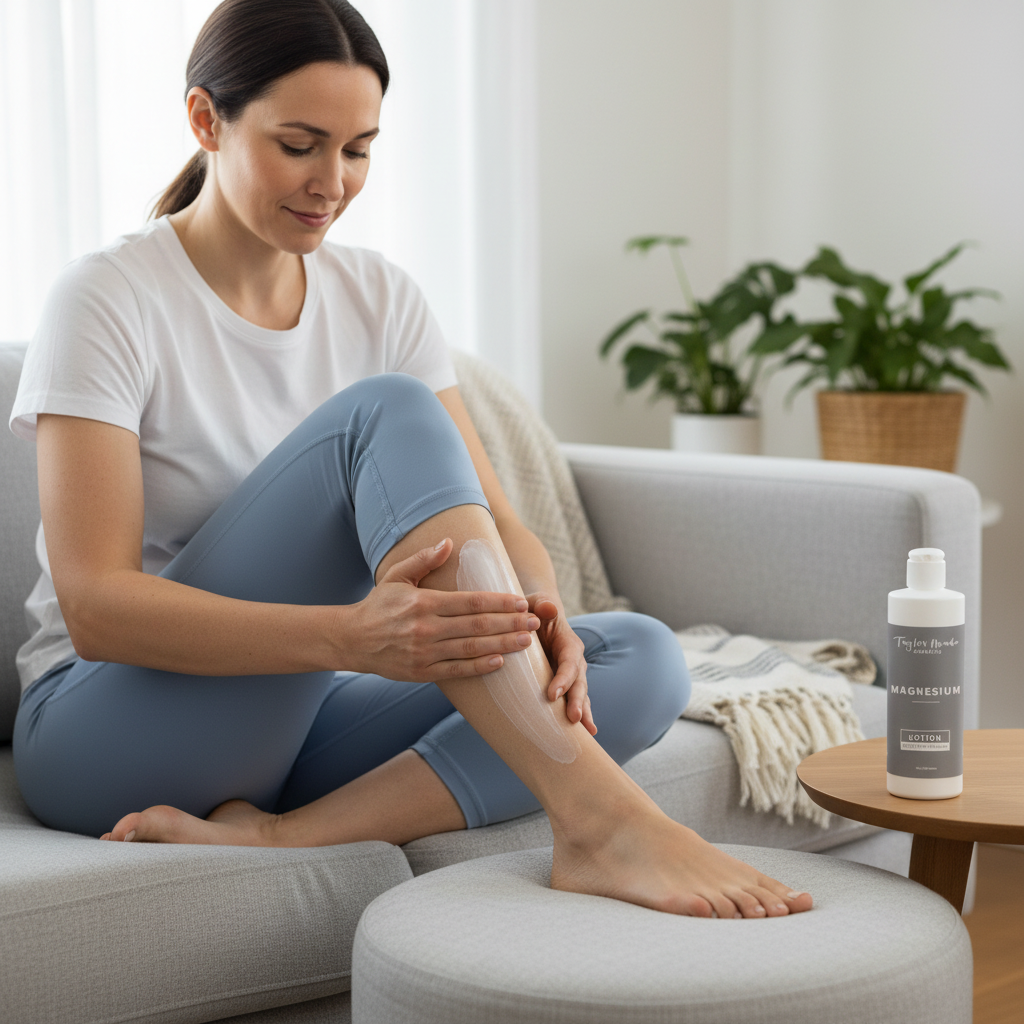 Woman applying Magnesium Lotion to legs | Taylor Made Organics