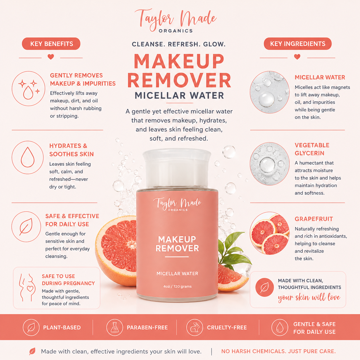 Makeup Remover with Micellar water key benefits and ingredients | Taylor Made Organics