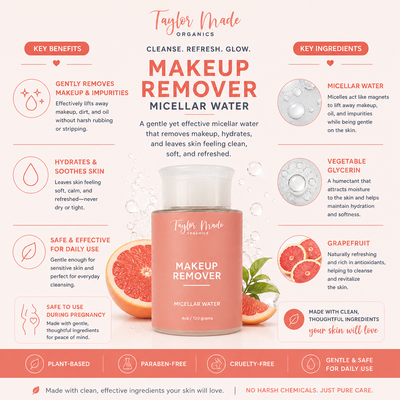 Makeup Remover with Micellar water key benefits and ingredients | Taylor Made Organics