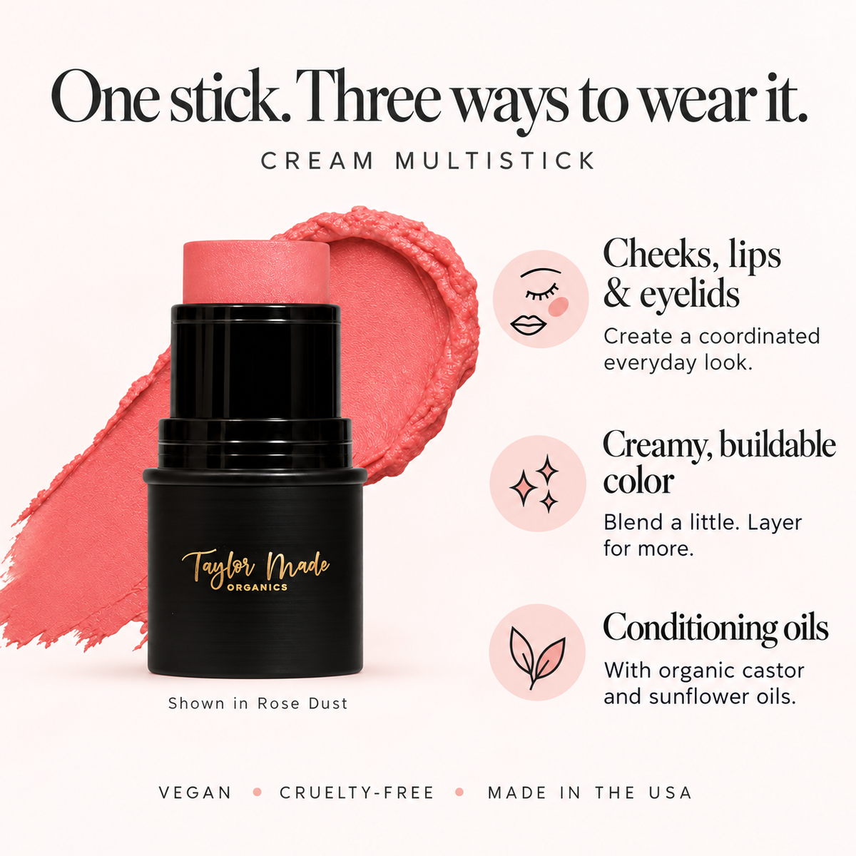 Multistick Key Benefits for cheeks, lips, and eyes | Taylor Made Organics