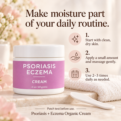 How to Use Taylor Made Organics Psoriasis Eczema Cream made with Blue Tansy and Sea Buckthorn. Made in the USA. 