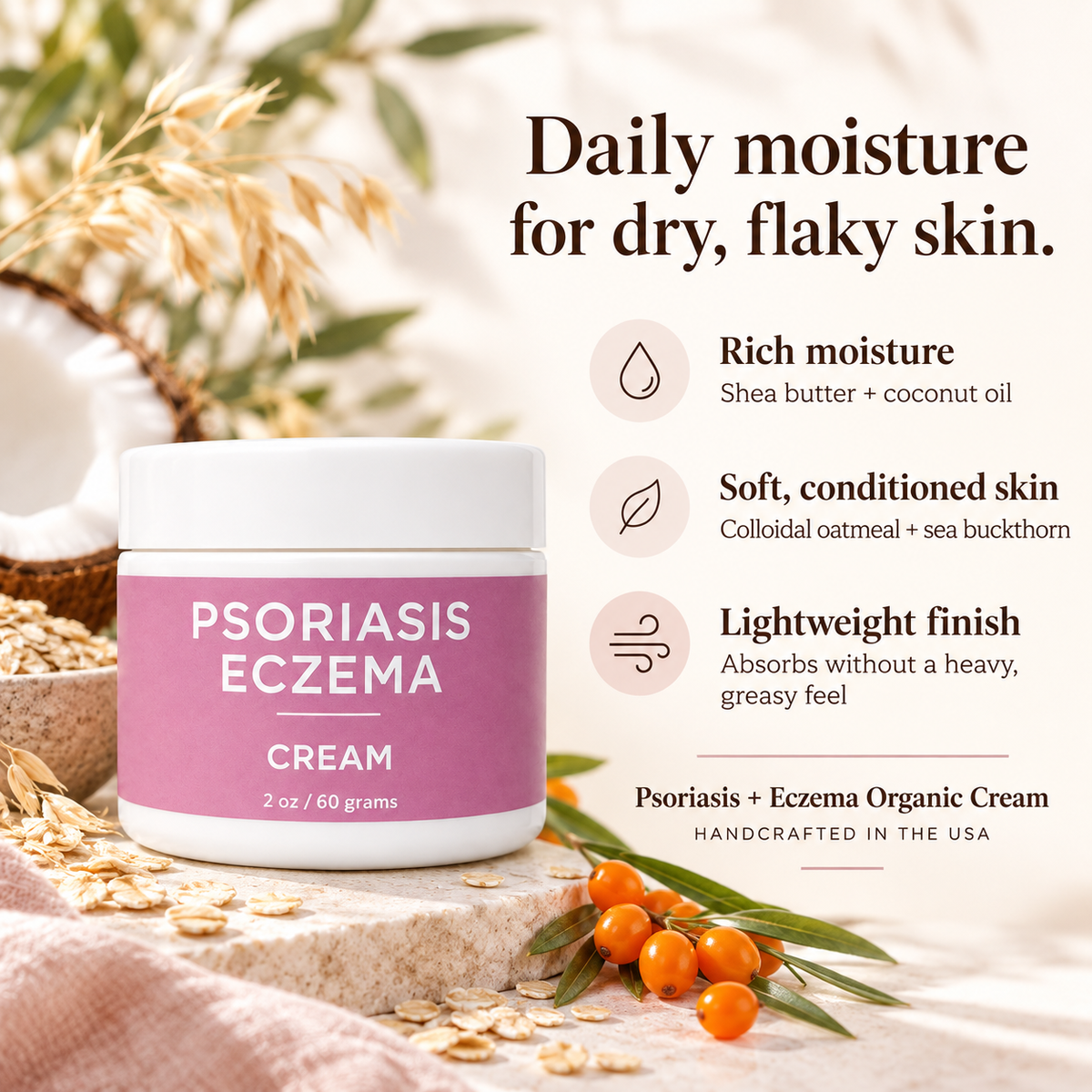Three Benefits of Taylor Made Organics Psoriasis Eczema Cream made with sea buckthorn and blue tansy. Made in the USA