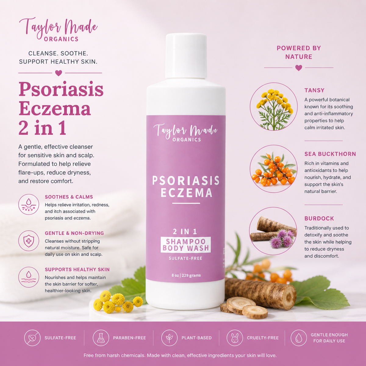 Psoriasis Eczema Body Wash Shampoo Key Ingredients | Taylor Made Organics