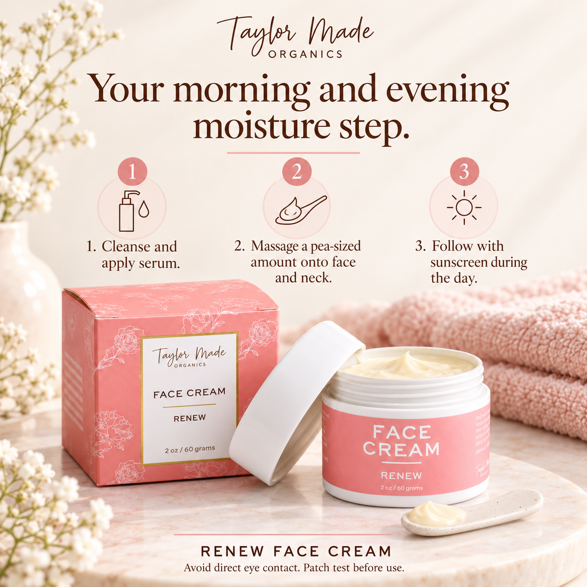 How to Use Taylor Made Organics Renew Face Cream. Gentle face cream perfect for aging skin. Made in the USA.
