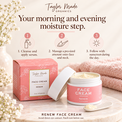 How to Use Taylor Made Organics Renew Face Cream. Gentle face cream perfect for aging skin. Made in the USA.
