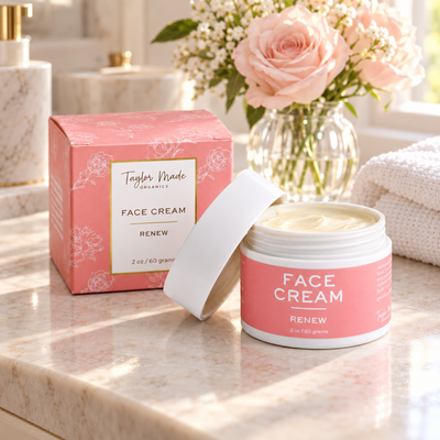 Taylor Made Organics Renew Face Cream sitting on a bathroom counter surrounded by a vase of fresh roses. 