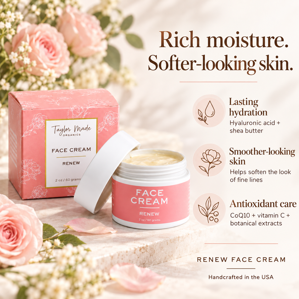 Three Key Benefits of Taylor Made Organics Renew Face Cream made with Collagen and Hyaluronic Acid. Formulated by a Naturopathic Doctor and Made in the USA.