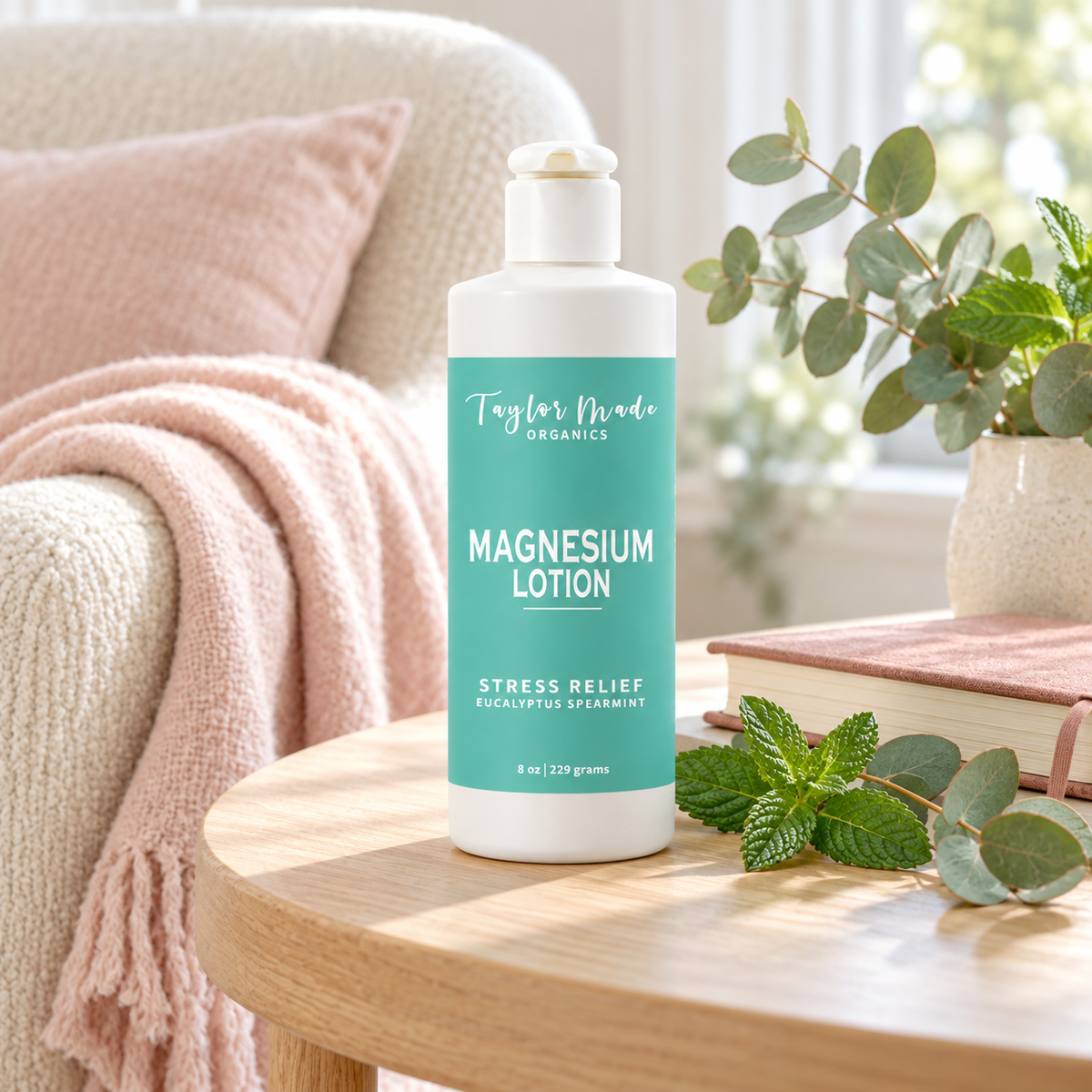 Stress Relief Lotion with Magnesium sitting on the end table beside the couch. Made in the USA | Taylor Made Organics