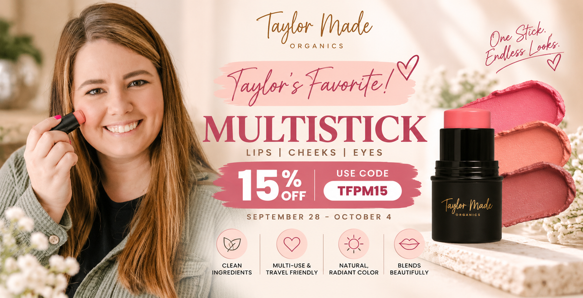 A woman applies rose dust multistick to her cheeks. Taylor's favorite product Multistick is 15% off at Taylor Made Organics