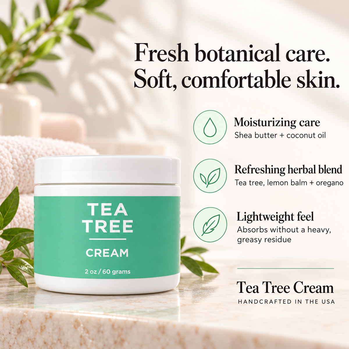Three Key Benefits of Taylor Made Organics Tea Tree Cream made with shea butter and tea tree oil. Made in the USA.