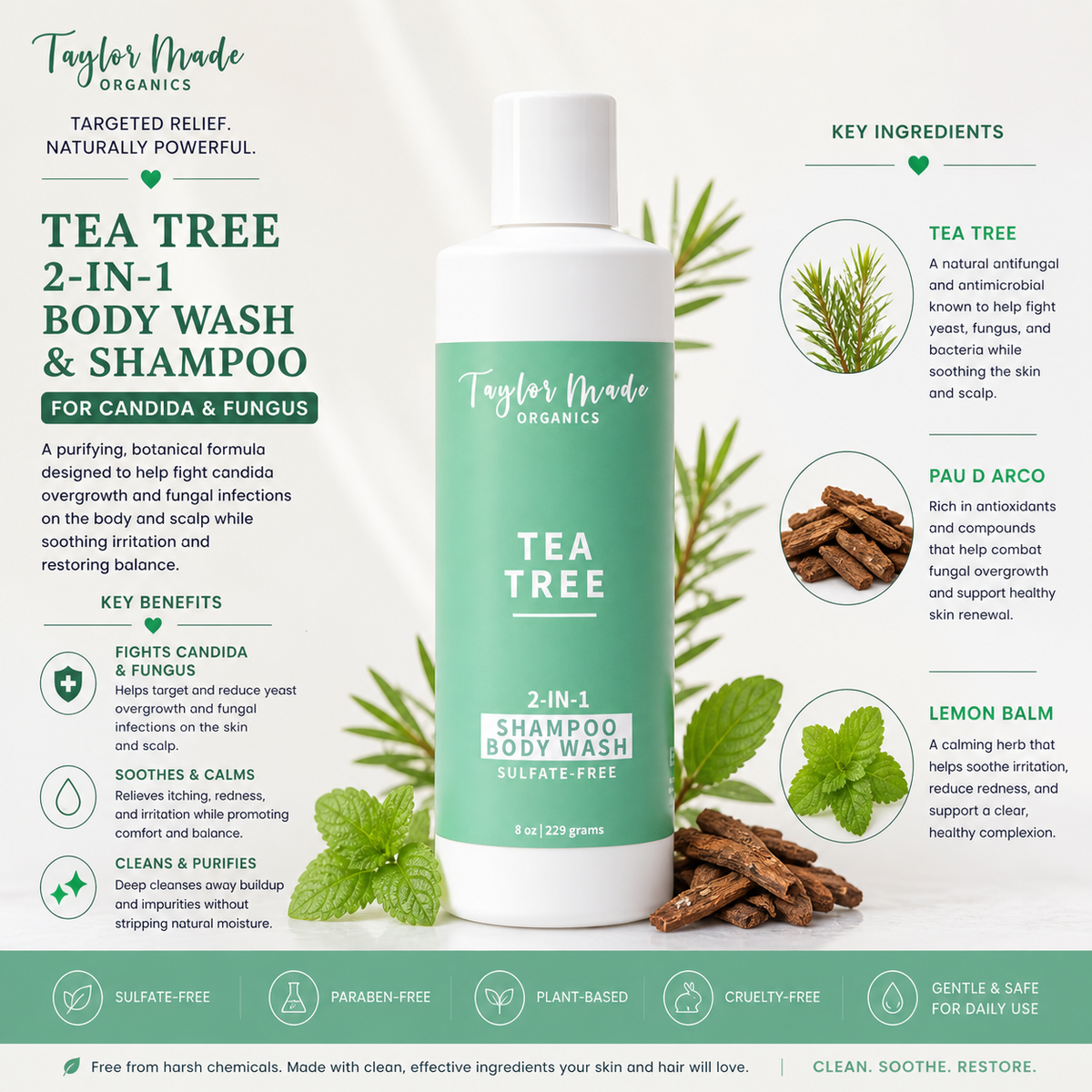 Tea Tree Body Wash & Shampoo with Pau d'Arco Key Ingredients | Taylor Made Organics