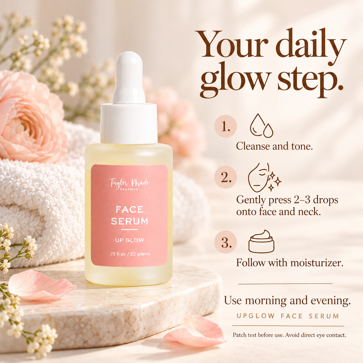 How to use Taylor Made Organics UpGlow Face Serum made with castor oil and hyaluronic acid. Step by step instructions. Made in the USA with toxin-free ingredients. 