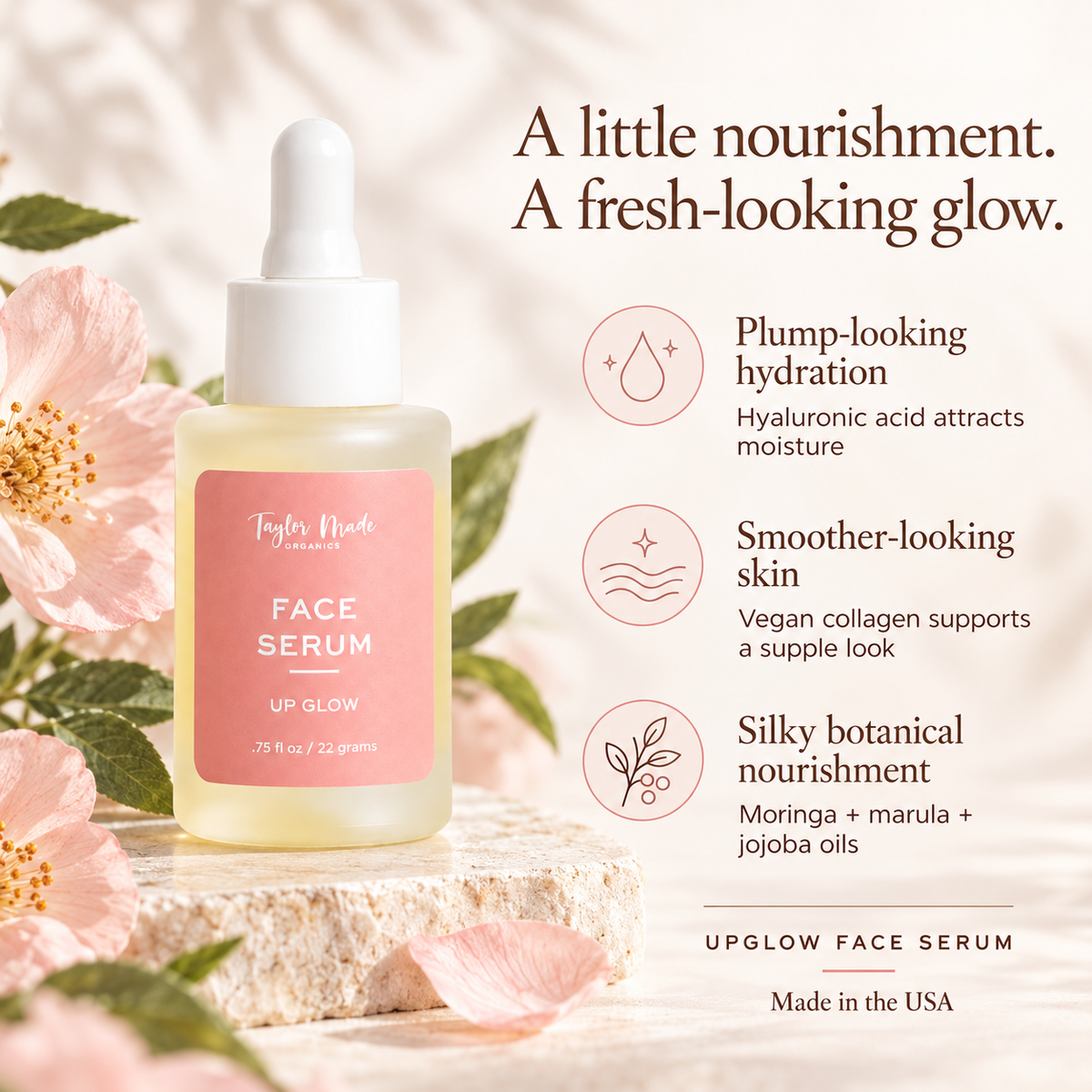 Three Key Benefits of Taylor Made Organics UpGlow Face Serum made with castor oil and hyaluronic acid. Made in the USA with toxin-free ingredients. 