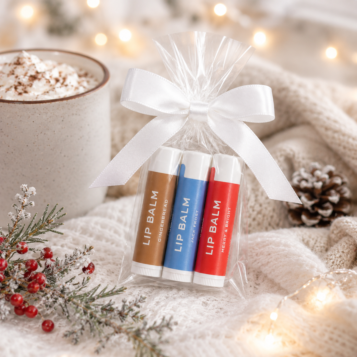 Winter Lip Balm Set with Gingerbread, Jack frost, and Merry & Bright. Rate 100% on the Yuka app. Taylor Made Organics