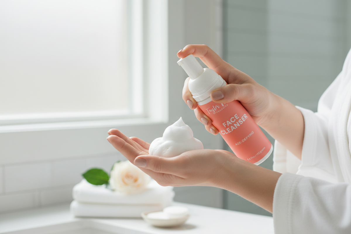 Hand holding cleanser bottle with foam dispensed