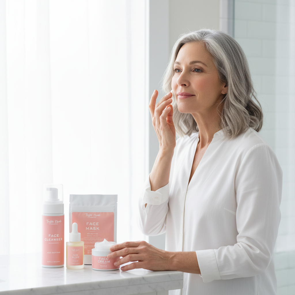 Mature woman using Age-Defying Skincare Kit | Taylor Made Organics