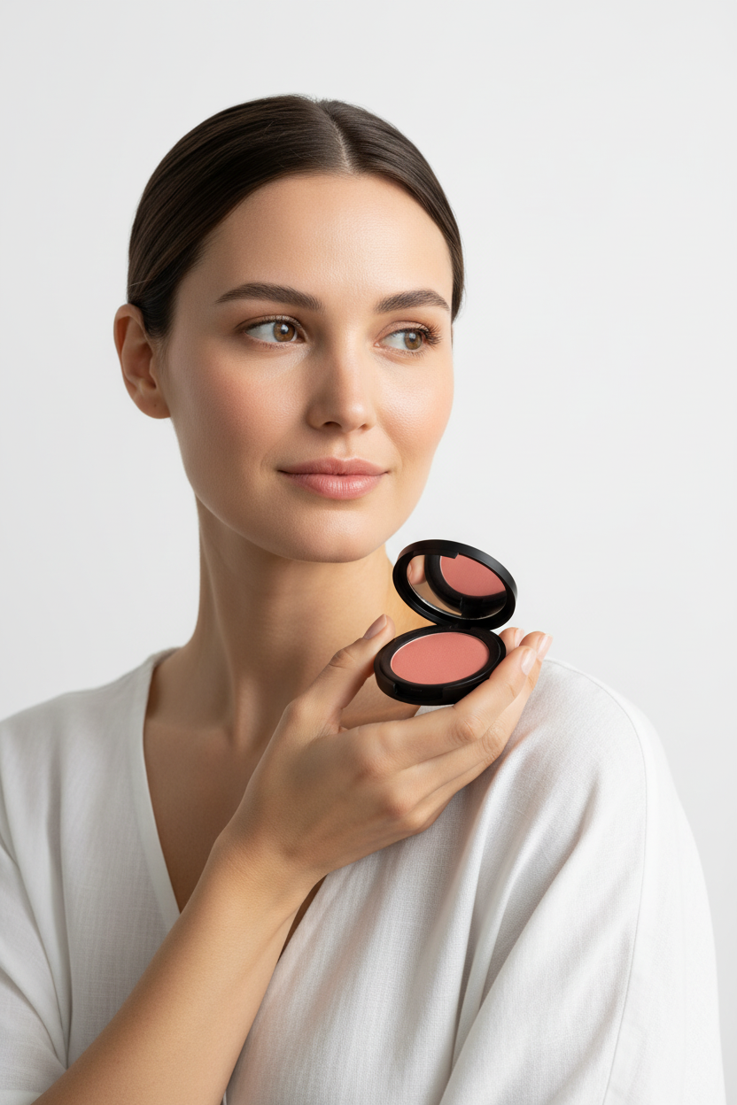 Model holding Brave blush at shoulder level
