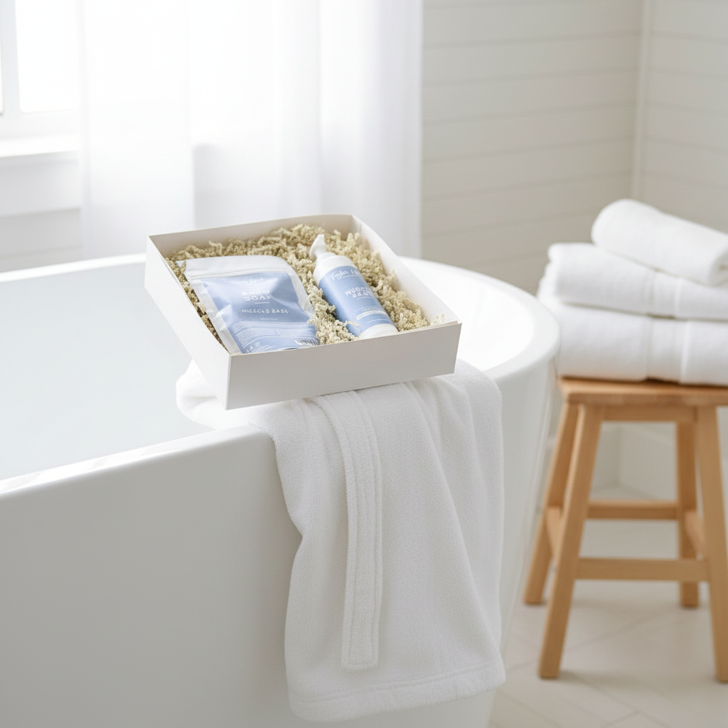 Muscle Ease Gift Set on Bathtub with Robe