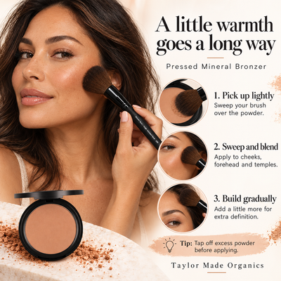 How to use step by step pressed mineral bronzer made with toxin-free ingredients | Taylor Made Organics