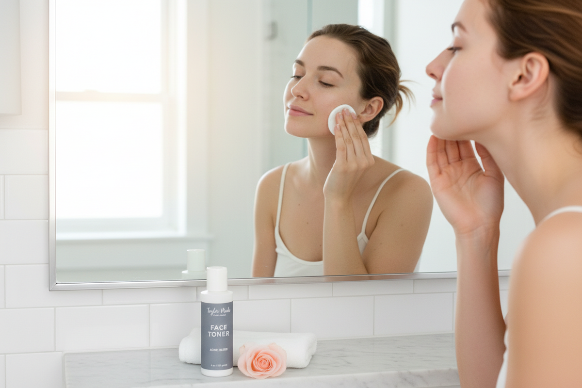 Woman applying Acne Silver Organic Toner to cheeks