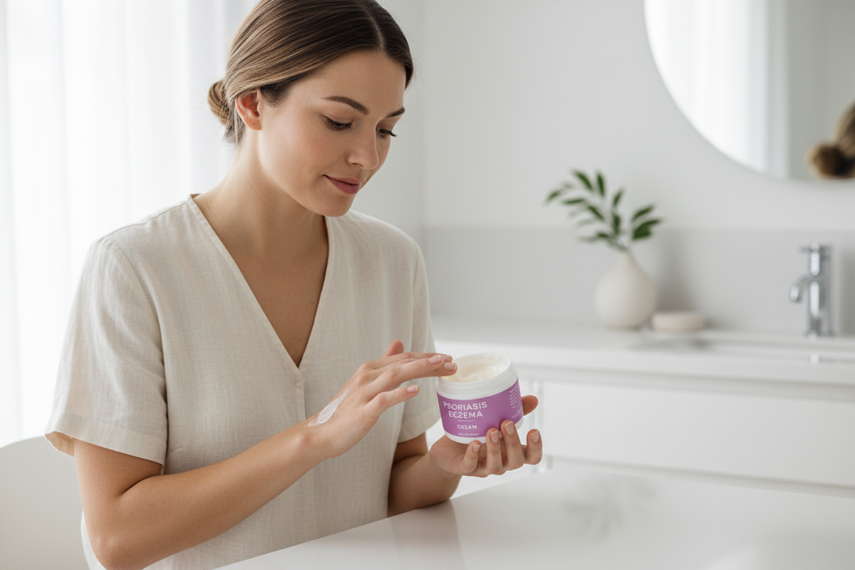 Woman Applying Psoriasis Cream at Table