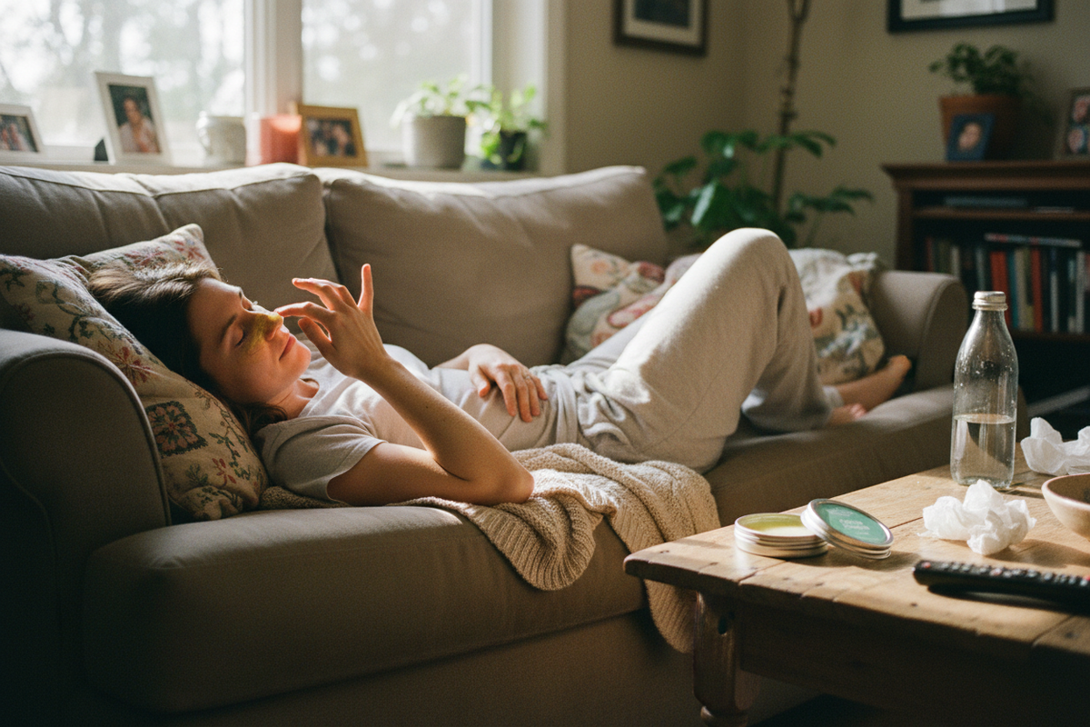 Woman on couch applying salve to nose and sinuses